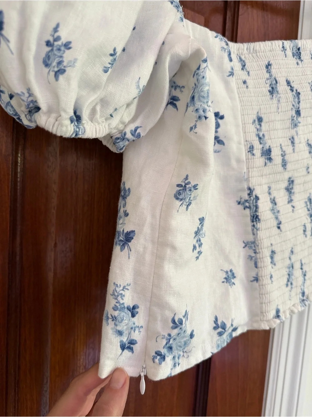 Reformation Marella Linen Top- Blue White floral print